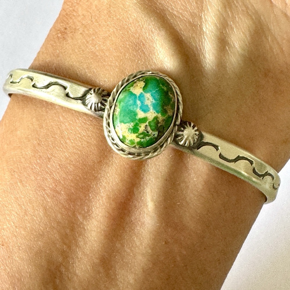 Navajo‎ Turquoise Cuff Bracelet 6.5in Hand Stamped Signed Yellowhair Sterling